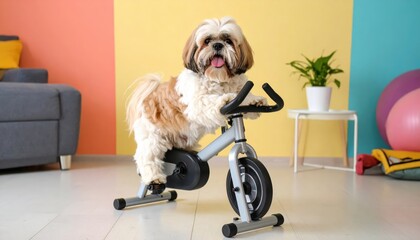 Shih Tzu dog happily exercising on a stationary bike in a colorful room with a modern aesthetic and exercise equipment