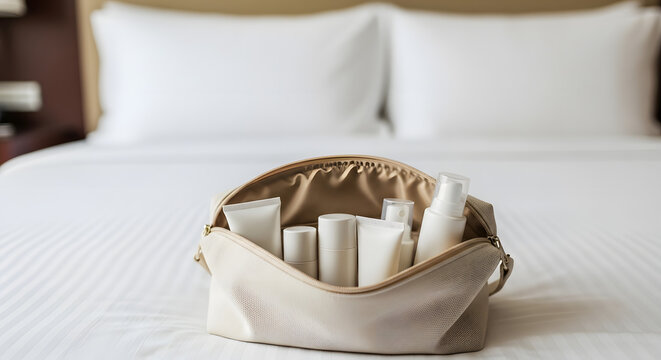Travel Toiletry Bag with Skincare Products on Bed in Hotel Room