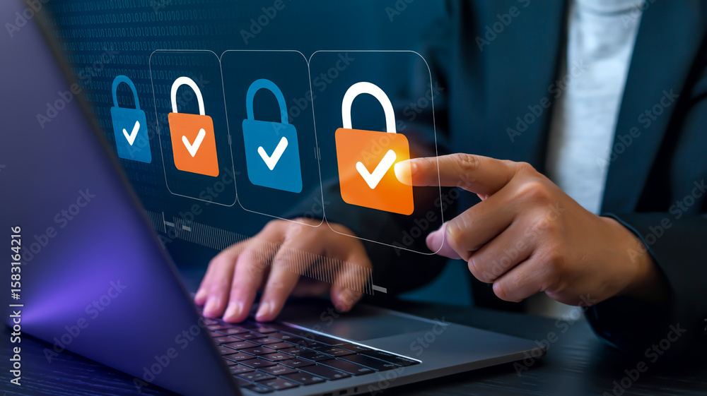 Poster digital security locks with checkmarks cybersecurity