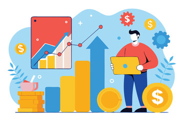Fototapeta premium A cartoon professional demonstrates financial success with ascending graphs and coins while holding a device