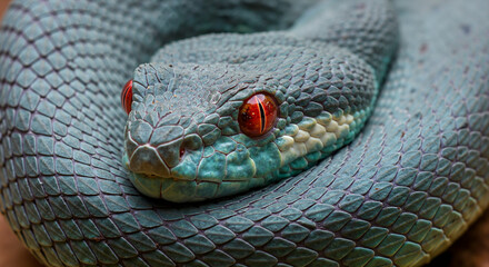  A close-up of a viper with blue-gray scales and orange eyes, curled into a ring.