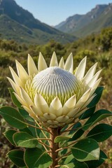 White king protea flower, the national flower of South Africa in full bloom with glossy green leaves and mountain background. For travel brochures, botanical prints, educational posters, and floral br