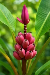 Musa velutina with fuzzy pink fruits and upright flower in tropical greenery, vertical format. For exotic food packaging, botanical posters, gardening blogs, or travel blogs.
