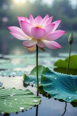Pink lotus flower rising above green leaves in calm water with morning light and dew drops. For wellness ads, spiritual products, eco posters, and botanical illustrations.