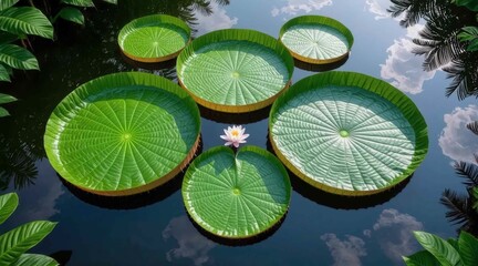 Victoria amazonica lily pads float in calm pond water under a blue sky with cloud reflections. For botanical posters, eco campaigns, spa branding, and nature blogs.