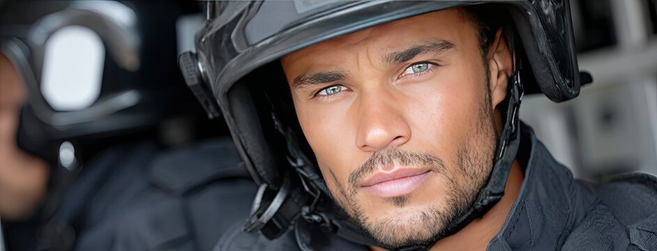 Portrait of a confident African American firefighter in uniform standing outdoors near a fire truck ready to serve and protect the community