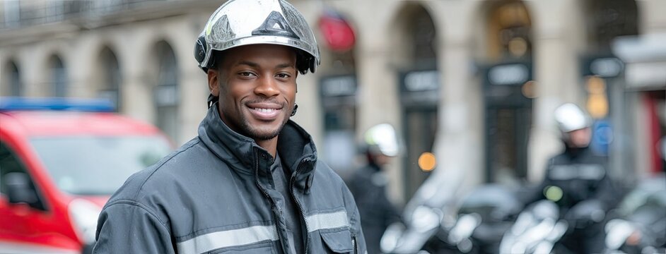 Portrait of a confident African American firefighter in uniform standing outdoors near a fire truck ready to serve and protect the community