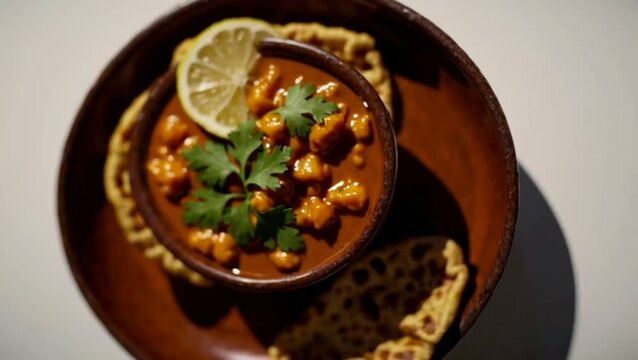 Chole bhature or chick pea curry and fried puri served in terracotta crockery over white background. selective focus
