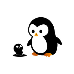 Obraz premium cartoon penguin discovering ancient pirate skull 