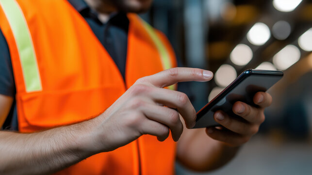 A construction worker in a hard hat and safety vest is standing in a warehouse, raising his finger as if giving an important instruction or warning. The industrial setting and focused expression empha - Powered by Adobe