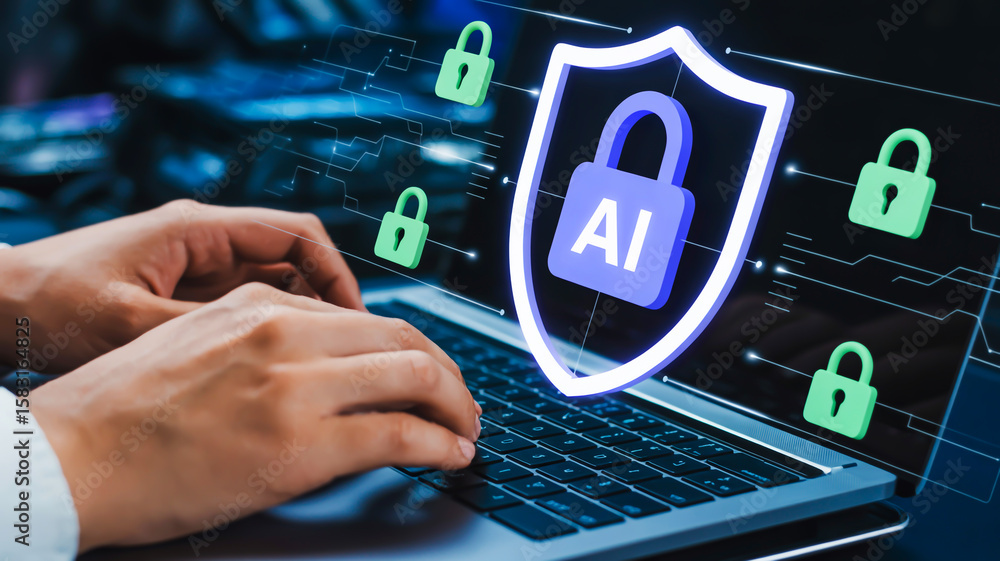 Poster digital security shield with a i and padlocks artificial intelligence