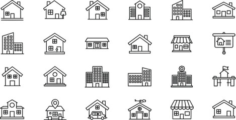 Vector art of a set of house and building icons isolated on white background, representing architecture, real estate, and urban landscapes