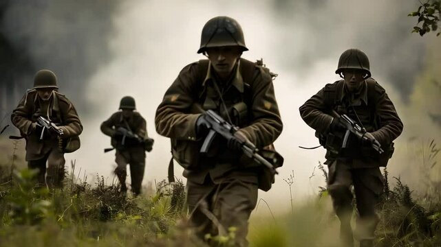 Ultra HD Soldiers in combat video armed soldiers running forward video army soldiers running on the battlefield video soldiers in the front line background video