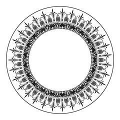 Monochrome round frame with Greek floral meanders. Vector pattern with arabesques, floral elements. Traditional classic ornament. Ancient Greece and the Roman Empire. Frame for round surfaces, textile
