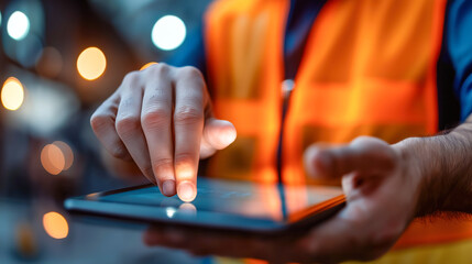 A construction worker in a hard hat and safety vest is standing in a warehouse, raising his finger as if giving an important instruction or warning. The industrial setting and focused expression empha