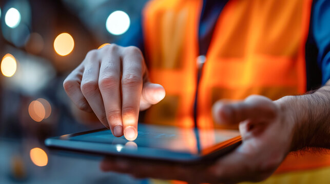 A construction worker in a hard hat and safety vest is standing in a warehouse, raising his finger as if giving an important instruction or warning. The industrial setting and focused expression empha