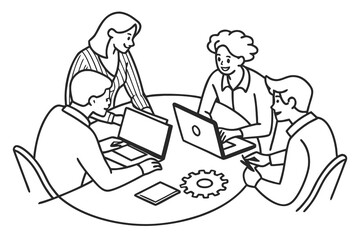 Diverse team collaborating around a table with laptops and a gear collaboration meeting