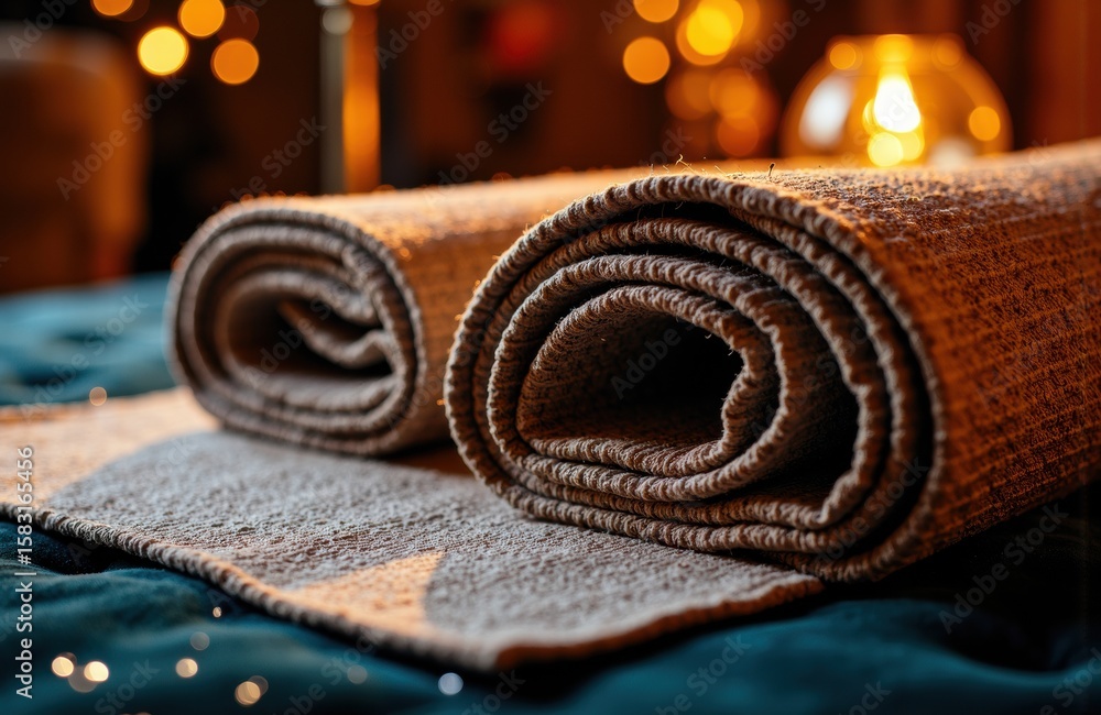 Aufkleber cozy rolled-up towels on a soft surface with warm ambient lighting in the background