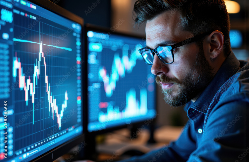 Aufkleber man analyzing financial data on multiple screens in a trading or stock market environment