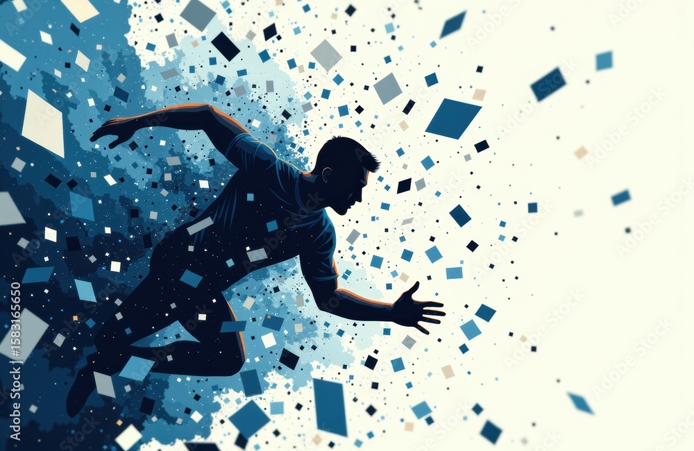 Aufkleber a dynamic silhouette of a man running through a burst of digital squares and particles