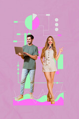 Vertical image 3d banner collage of happy business partners girl guy hold laptop stand diagram...