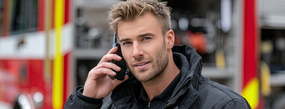 Young handsome firefighter communicates with his team near a fire engine in a bustling parking area during a sunny day