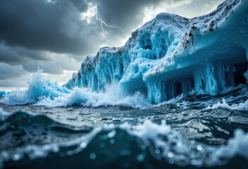 Melting icebergs float in turbulent ocean waters under a stormy sky with lightning