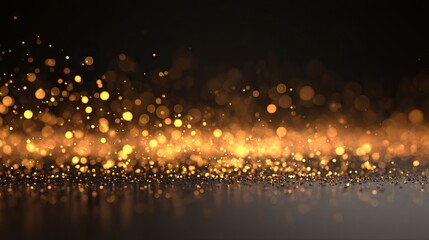 Glowing golden bokeh lights on dark black background for festive holiday atmosphere, elegant celebration design, or magical party decoration concept