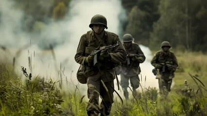 Ultra HD Army soldiers running in the forest during the battle video infantry pushes forward video combat patrolling zone video armed soldiers on the battlefield video