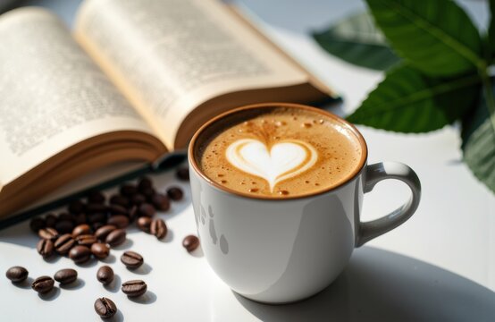 A cup of coffee with heart-shaped foam art placed next to an open book and coffee beans on a white surface
