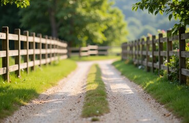 Fototapeta premium A dirt country road lined with wooden fences on both sides under a bright, sunny sky