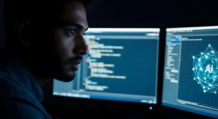 Close-up of a focused programmer at night, intently reviewing AI code on multiple computer screens.