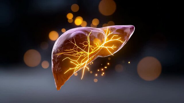 A close up of a liver with a glowing red and yellow light. The liver is shown in a 3D form, with a glowing red and yellow light surrounding it. Concept of life and energy