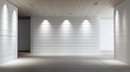 Modern empty room with white wooden panel walls and ceiling lights creating bright and clean atmosphere in spacious interior