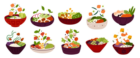 Poke bowls. Combined products, balanced nutrition, mixed healthy food, fresh vegetables, rice, salmon, fish and meat pieces on plate , hawaiian menu, garish vector cartoon isolated set