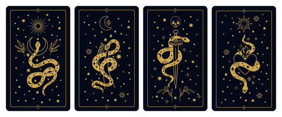 Magic snakes tarot. Mystical cards shirts design, esoteric trendy elements, notebook cover or print. Occult serpent silhouettes, spiritual symbols, gold reptiles, garish vector set