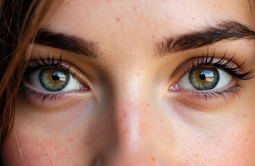 Naklejka premium Close-up of a woman's blue eyes with natural skin and freckles highlighting facial features