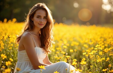 Woman sitting in a yellow flower field during sunset with warm lighting and a gentle smile
