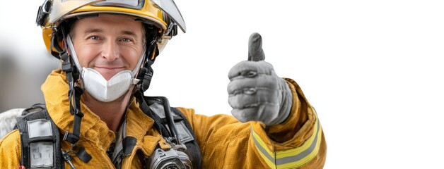 Firefighter in full gear signaling with hand gestures while in action on a white background in natural light during a training exercise