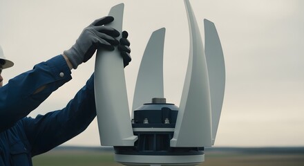 Technician installing or inspecting a small wind turbine's blade in a field.