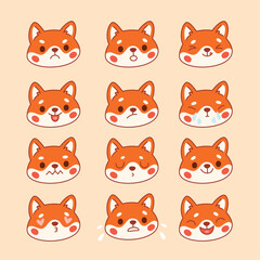 Cute fox emoji. Kawaii animal faces with different moods, positive and negative emotions, Happy, angry and crying fluffy redheads character, stickers garish vector cartoon set