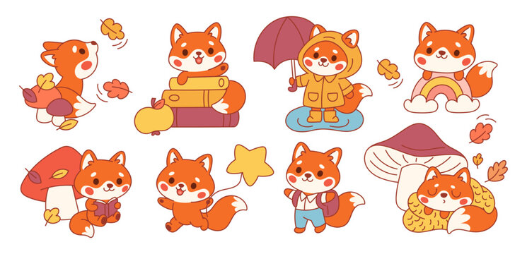 Cute kawaii fox. Little funny animals, forest fauna, fluffy redheads characters, different poses, actions, autumn mascot, wildlife creature, stickers garish vector cartoon isolated set