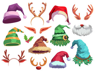 Christmas hats and accessories. Funny holiday elements, photo booth props, different new year caps, ears, beards and horns, Santa Claus traditional costume element vector cartoon set