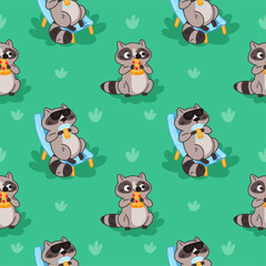 Cartoon racoons seamless pattern. Cute little animals relaxing in nature, eat and drink, repeated funny mascot textile, wrapping paper, wallpaper. Print for fabric. garish vector background