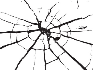 Abstract radial pattern of black cracks on a white surface isolated on transparent background silhouette
