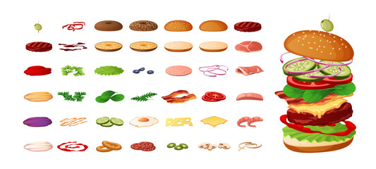 Burger kit. Fast food ingredients constructor, preparations, sliced vegetables, patty, cheese, bacon, sauce between buns, restaurant menu elements cartoon flat isolated tidy vector set
