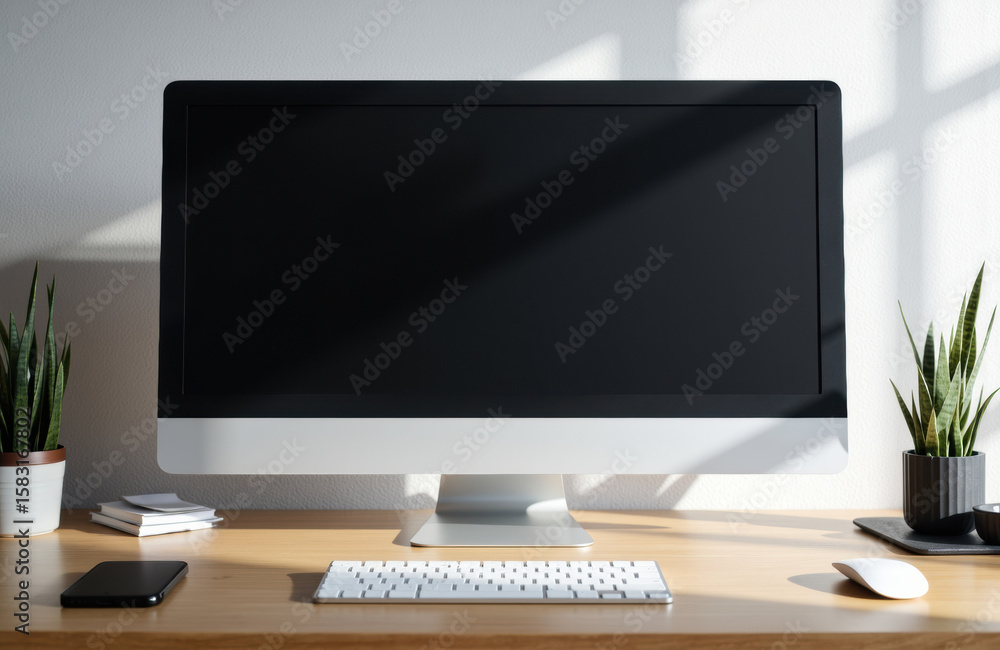 Poster modern computer monitor with keyboard and mouse on wooden desk in bright office setting