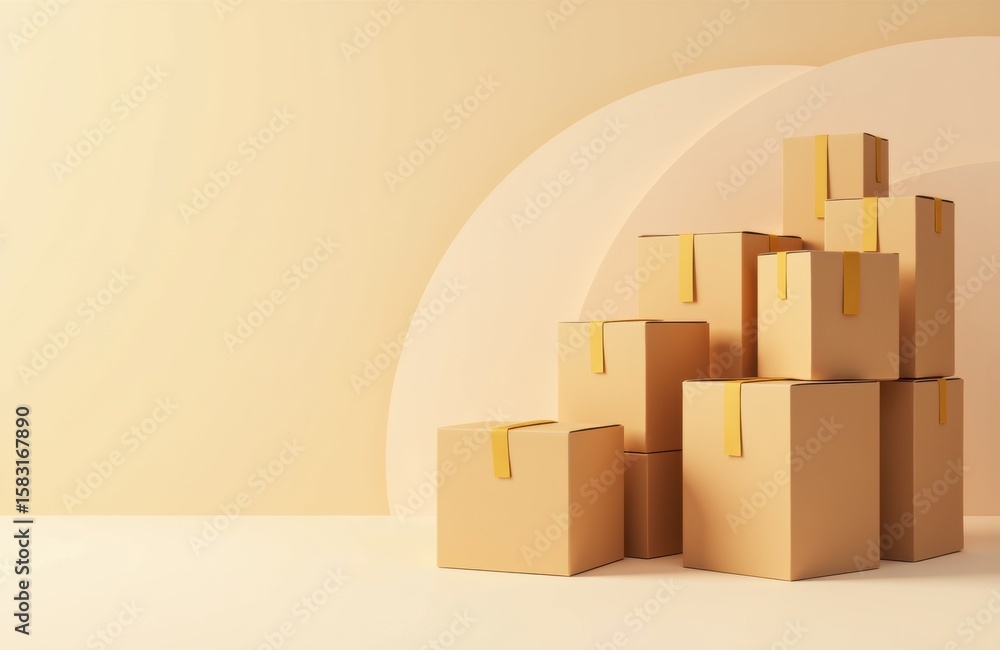 Aufkleber stacked cardboard boxes arranged in a modern minimalist setting with neutral tones and soft lighting