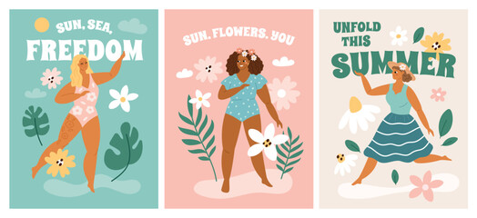 Pretty women with flowers. Beautiful female characters, sexy curved girls in bikinis and dress, body positive self love, summer poster, happy people garish vector cartoon flat isolated set