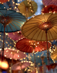 Colorful Decorative Umbrellas and String Lights Create a Festive Ambiance at Night